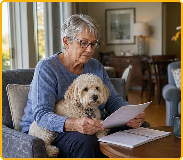 Senior resident reading with her dog
