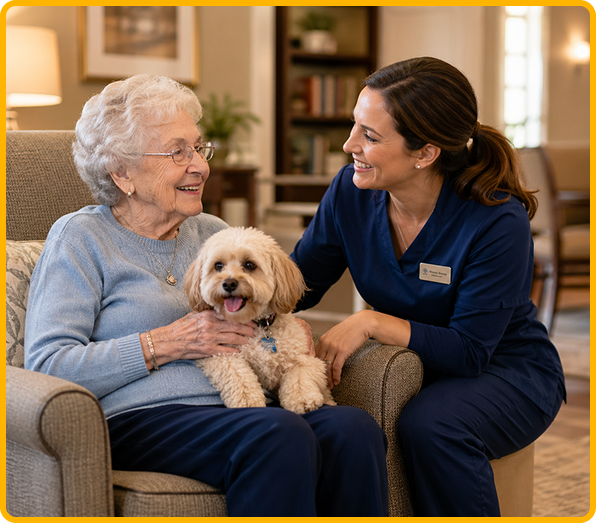 Senior resident with her dog and caregiver